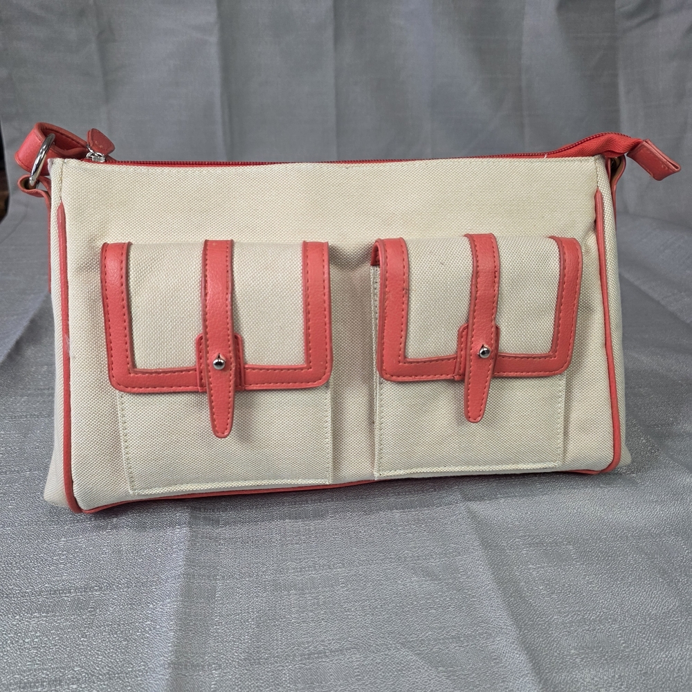 Coldwater Creek‎ Beige and Coral Canvas Dual Pocket Bag NWOT